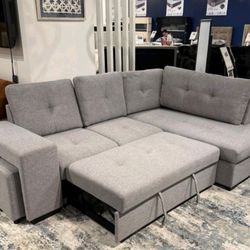 Sofá Cama Seccional Gris Con Storage Y Ottoman