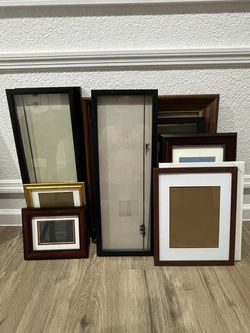 Lot of 10 Empty Picture Frames, Glass Panels, Assorted Sizes, Wood & Black