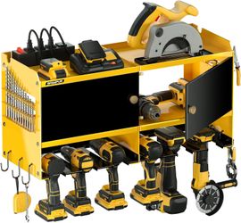 Power Tool Organizer with Charging Station, Garage Wall Mount Utility Shelf with 4 Outlet Power Strip/6 Drills Holder, Metal Storage Cabinet 