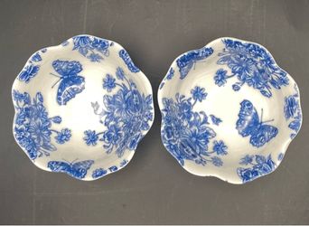 Blue & White Scalloped Ceramic Trinket Ring Dish Bowl w/ Sculpted Flower Design Underneath SET OF 2