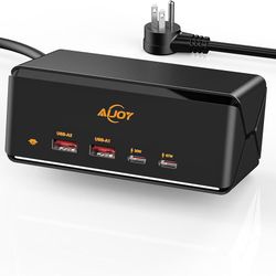 67W GaN USB C Fast Charger Block, 6-in-1 Charging Station for Multiple Devices, 5ft Extension Cord with 2 AC, 2 USB-A, 2 USB-C Power Strip Adapter for