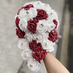 18 cm Waterfall New Wedding Bouquet Bride Bridesmaid Pearl Rhinestone PE Rose Flower for Marriage W330PE  Color: white  Message me if you are interest