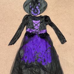 New medium purple kids witch dress costume hat black goth purple gown outfit
