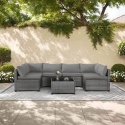 Newly assembled 7-Piece Outdoor Patio Sectional Conversation Set Wicker Rattan PE Patio Furniture