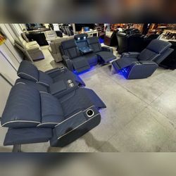 High Quality modern Blueish Grey Sanded Leather Living Room Intelligent power Recliner 3-Piece Sofa Set