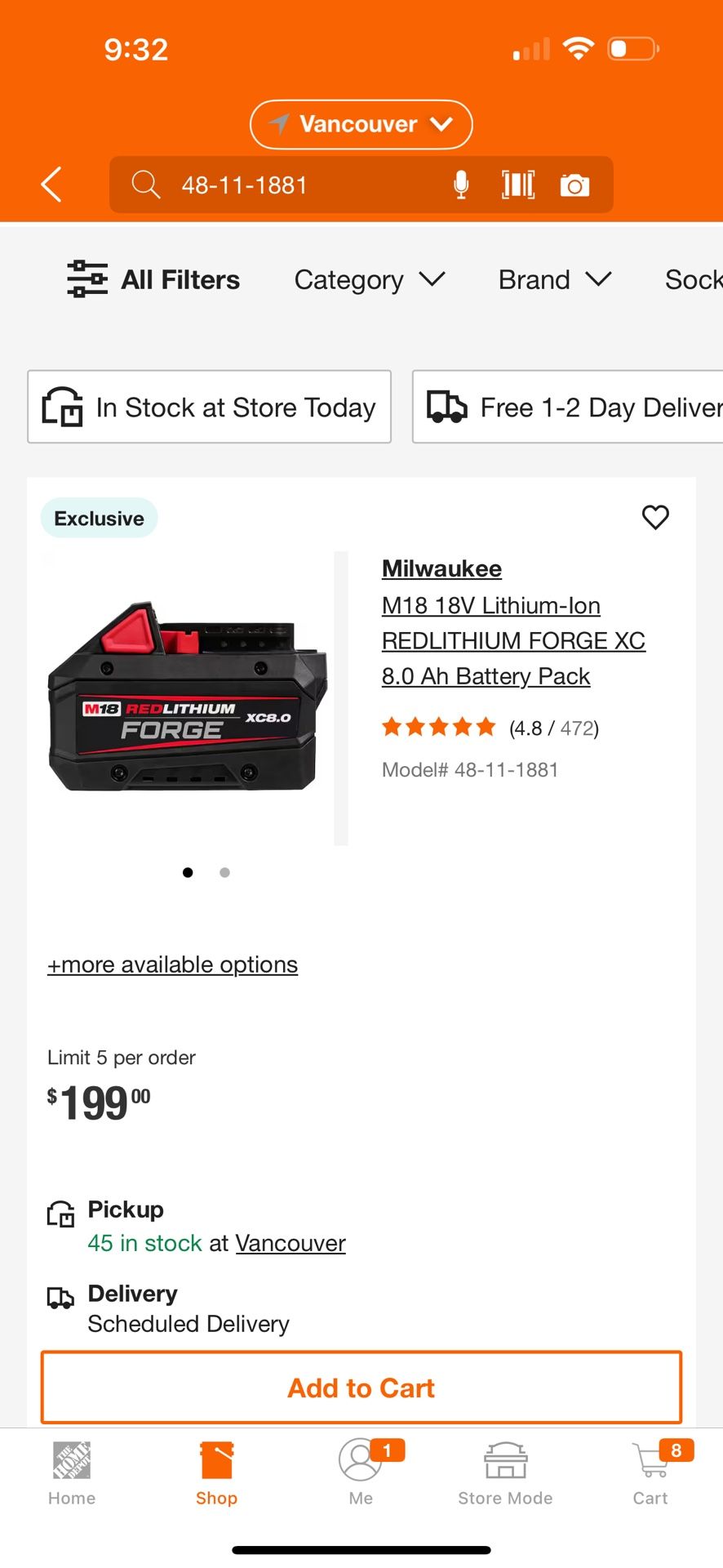 Milwaukee M18 18V Lithium-Ion REDLITHIUM FORGE XC 8.0 Ah Battery Pack