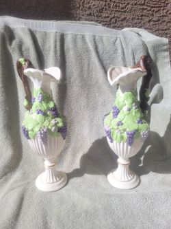 Arnel's AYNEL'S Ceramic Cascading Grapes Grape Vine Handle Pitcher Vase 14" Tall