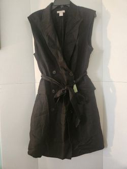 H&M Tie Waist Sleeveless Dress Size Large Black Linen Blend Button Up NWT 