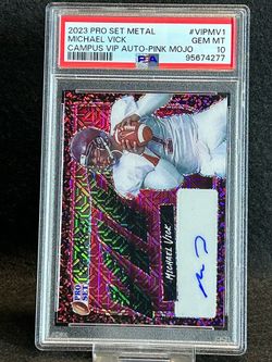 2023 Pro Set Metal 🔥 Michael Vick 🔥 Campus VIP Auto Pink Mojo 3/7 PSA 10 💎 Mint Pop 1! - Atlanta Falcons