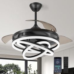 Retractable Ceiling Fan, 42 Inch Chandelier Ceiling Fans with Light. Black 