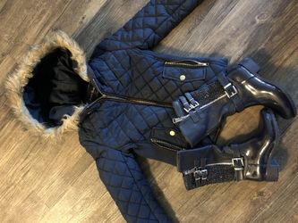 Navy blue coat & rain boots