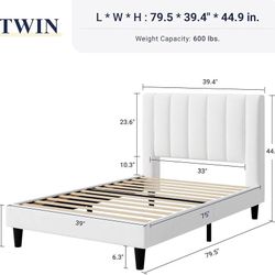 Twin Bed Frame/Velvet Upholstered Bed Frame with Vertical Channel Tufted Headboard/Strong Wooden Slats/Platform Bed Frame/Mattress Foundation/Box Spri
