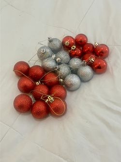 Set Of 24 Small Vintage Red And Silver Ornaments - Excellent Condition 