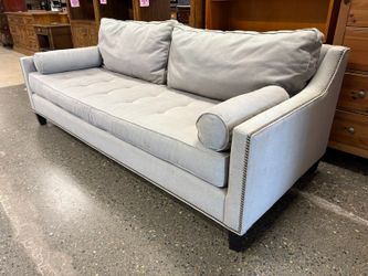 PEPPER BERRY Pebble Grey Upholstered Tufted Bench Sofa w/ Nailhead Trim