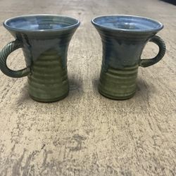 Handmade Pottery Set Of Two Signed Glazed Cups