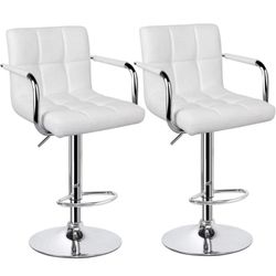 Tall Bar Stools Set of 2 Modern Square PU Leather Adjustable BarStools Counter Height Stools with Arms and Back Bar Chairs 360° Swivel Stool White