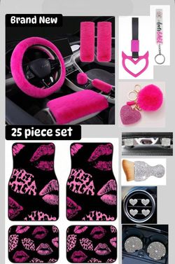 Pink and Black Kiss Car Accessory Set