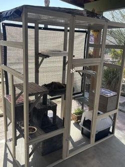 Large Outdoor Gray Wooden Catio – Solid Wood Cat Enclosure with 5 Platforms & 2 Resting Boxes, UV-Resistant & Waterproof Outdoor Cat House Shelter Pla