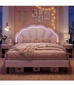 Pink queen bed frame with lights