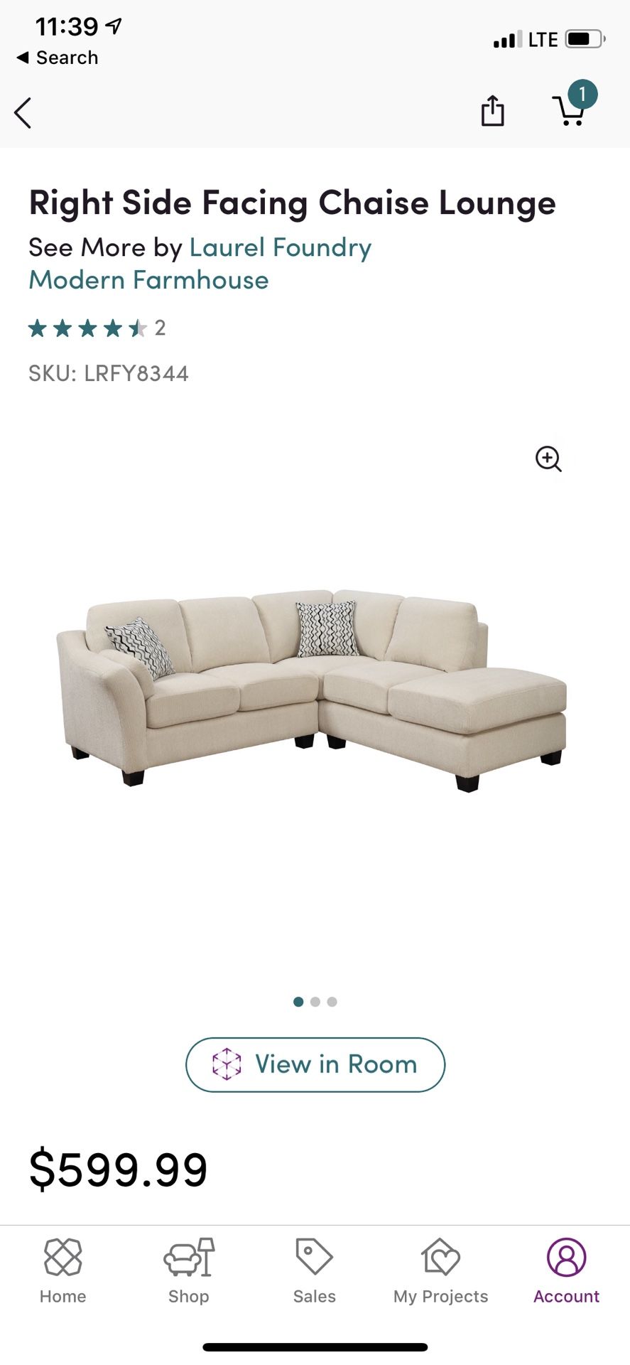 Ivory white sectional chaise less than 2 years old!