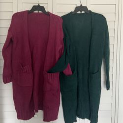 New Sweaters . Long  Chunky Cardigans With Pockets Red Berry Or Green Size Small $25 Each 