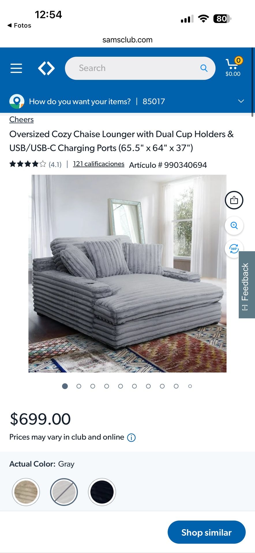 Cheers Oversized Cozy Chaise Lounger with Dual Cup Holders & USB/USB-C Charging Ports