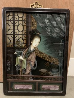 Antique Chinese / Japanese reverse painting on glass original frames 23” by 16” frames larger ones 27 1/2” by 19 1/2” frames