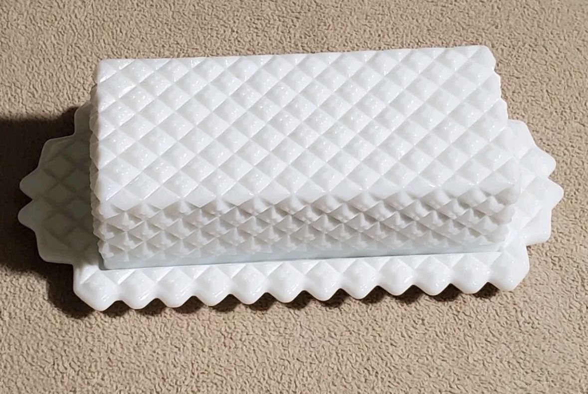 vintage Westmoreland English Hobnail Milk Glass Covered Butter Dish.