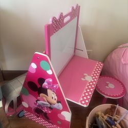 kids minnie mouse desk with book shelf and chai 
