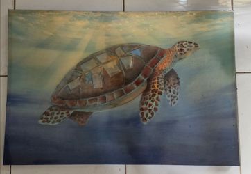 Sea Turtle Resin Canvas Wall Art, 24" x 35". Underwater ocean scene, thick glossy resin finish, painted deep blue canvas sides. Beautiful coastal beac