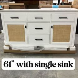 61'' Solid Wood Bathroom Vanity Cabinet with Stone Countertop (Open-box)