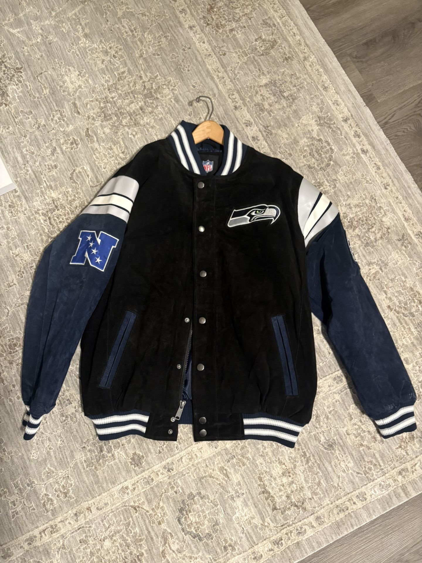NFL Seattle Seahawks Suede Leather Varsity Football Bomber Jacket Size L