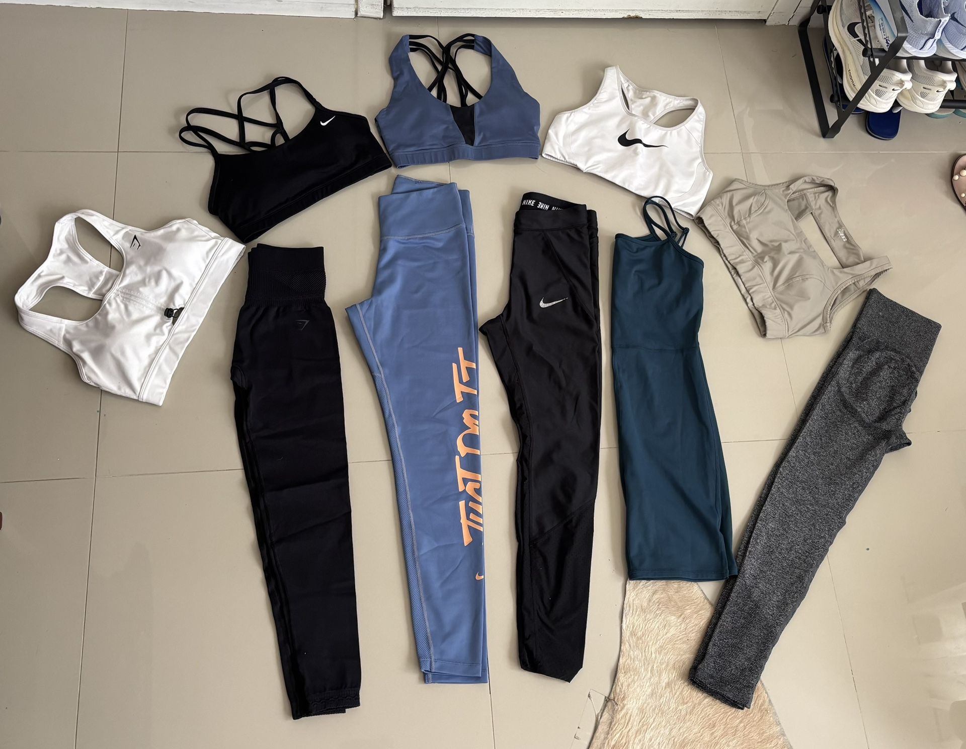 Bundle of Workout Sets 3 Leggings 4 Sport Bra Sizes XS, S & M (same owner/I wear 36C & Small in bottom usually + romper size M