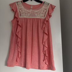 PerSeption Concept Pink Ruffle Sleeve Blouse with Lace Yoke