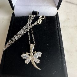 925 Sterling Silver And CZ Dragonfly Necklace - 18in 925 Chain 