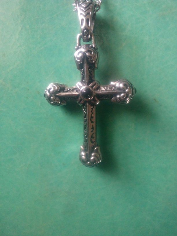 Silver Cross With Imbedded Black Stones And Silver Chain 