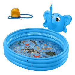 Ingbelle 50 Inch Diameter 3 Ring Inflatable Elephant Kiddie Sprinkler Pool, Blue - 3.08