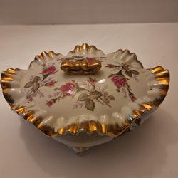Vintage Moss Rose Gold Accent Porcelain Footed Trinket Box,  7.5 " long