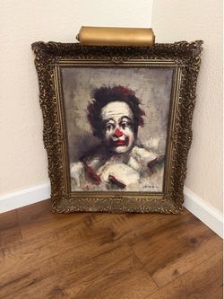 Vintage Original Oil Painting – Signed Stehlik (1952) – Sad Clown – Framed