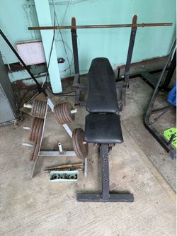 Heavy Duty weight bench + weights set - garage gym
