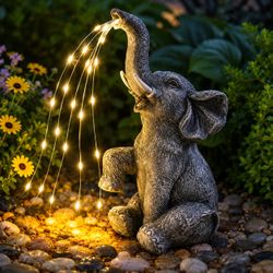Solar Elephant Garden Statue with LED Waterfall Lights