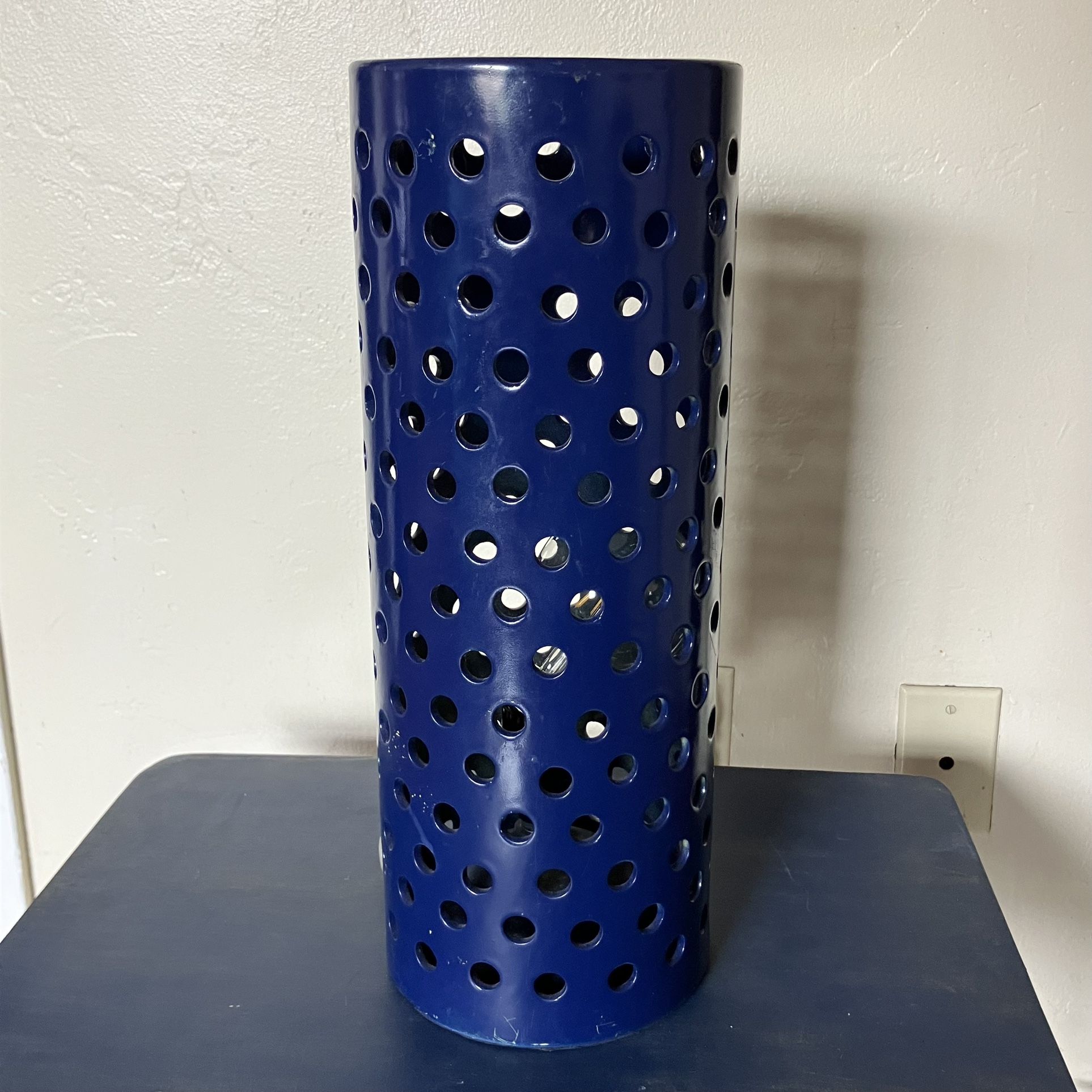 Works/ Tested Navy Blue Ceramic Cylinder Shaped Accent Lamp With Holes