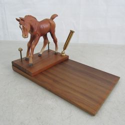 Horse Porcelain Figure Vintage Desk Set Wood Note Pad & Pen Holder


