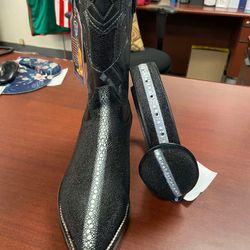 Botas vaqueras y cinturón de piel original perla completa
