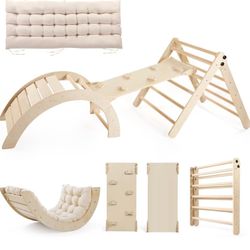 Pikler Triangle Set with Cushion Large, 5 in 1 Toddler Climbing Toys Indoor, Montessori Foldable Climbing Set for Kids, Wooden Playground Jungle Gym w
