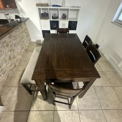 6-Piece Dining Table Set – Wood Table with 4 Chairs + Bench.   36”x 60”