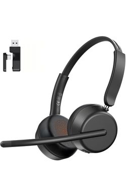 AOC Wireless Headset with Mic for Work, Bluetooth 5.4 Headphones-Dark Black AI Noise-Canceling Mic for Clear Calls, Computer Headset with Mic Mute & U
