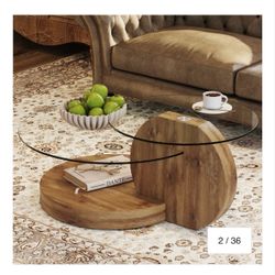Coffee Table 43in Modern and Practical Double-Layer Wood Round Glass Table. Tempered Glass Table Top Wooden Table Legs. Suitable for Living Room Bedro