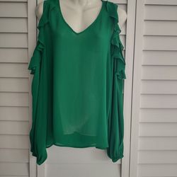 C Dark green women's blouse with long sleeves and low shoulders, with elastic on the sleeve cuffs, it is in excellent condition, 100% polyester