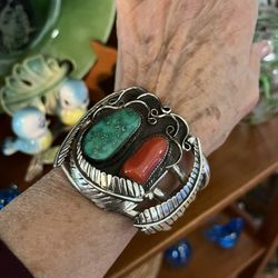 Vintage 60s Navajo Sterling Silver, Turquoise, And Coral Cuff Bracelet
